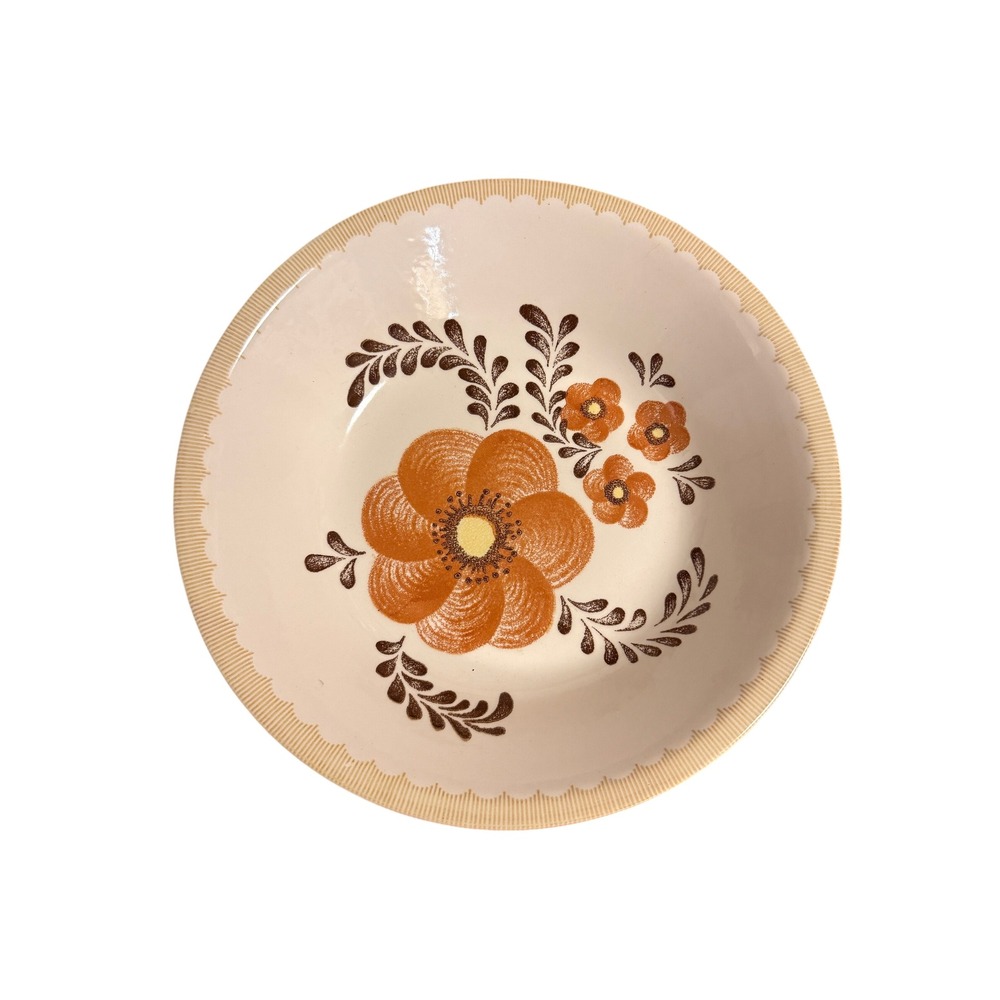 VINTAGE 1970s Royal China Jeannette Bowl Orange Brown Floral Scalloped Rim USA